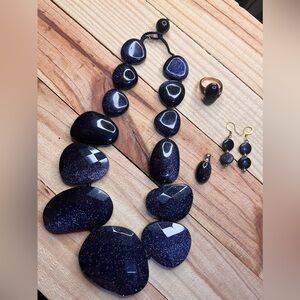 Blue goldstone necklace, ring, earrings and pendant